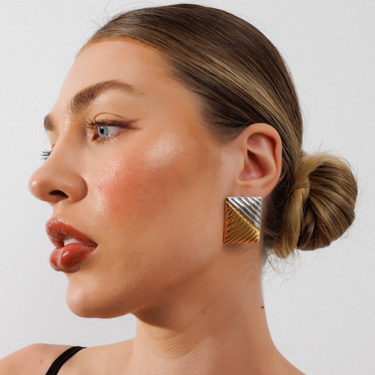 Dual Square Earring with Mixed Gold and Silver Finish