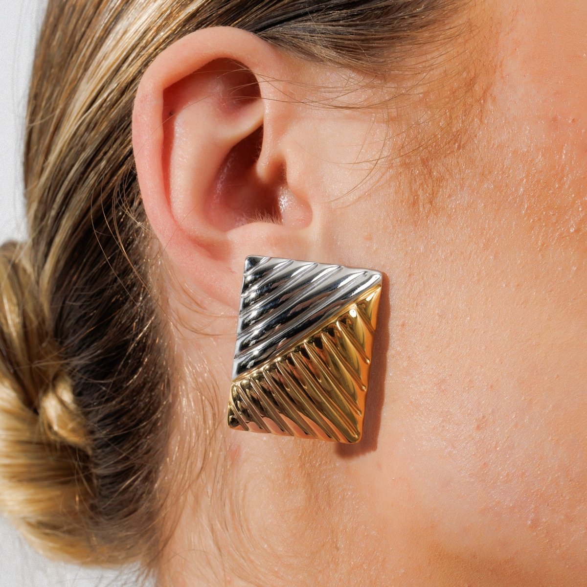 Dual Square Earring with Mixed Gold and Silver Finish