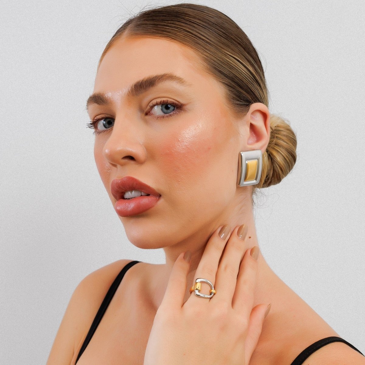 Geometric Earring with Mixed Gold and Silver Finish