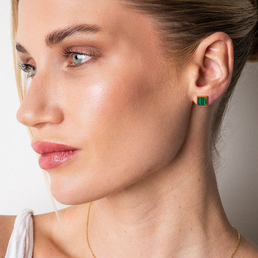 Earring Geometric Green Stone 18K Gold Plated