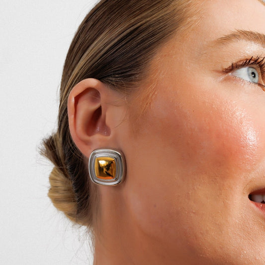 Earring Square Lumière with Mixed Gold and Silver Finish