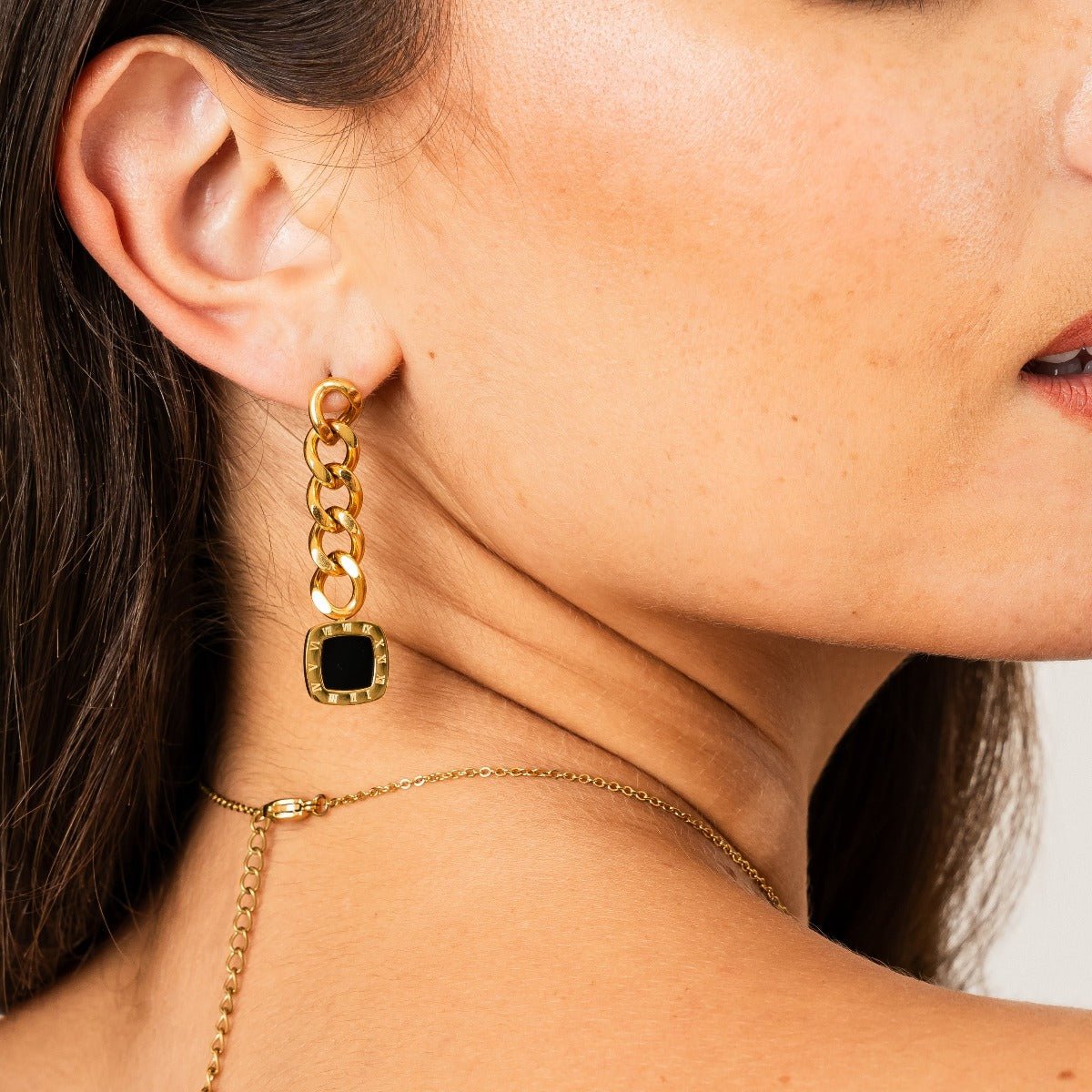 Lorenza Onyx Dangling Earrings 18K Gold Plated