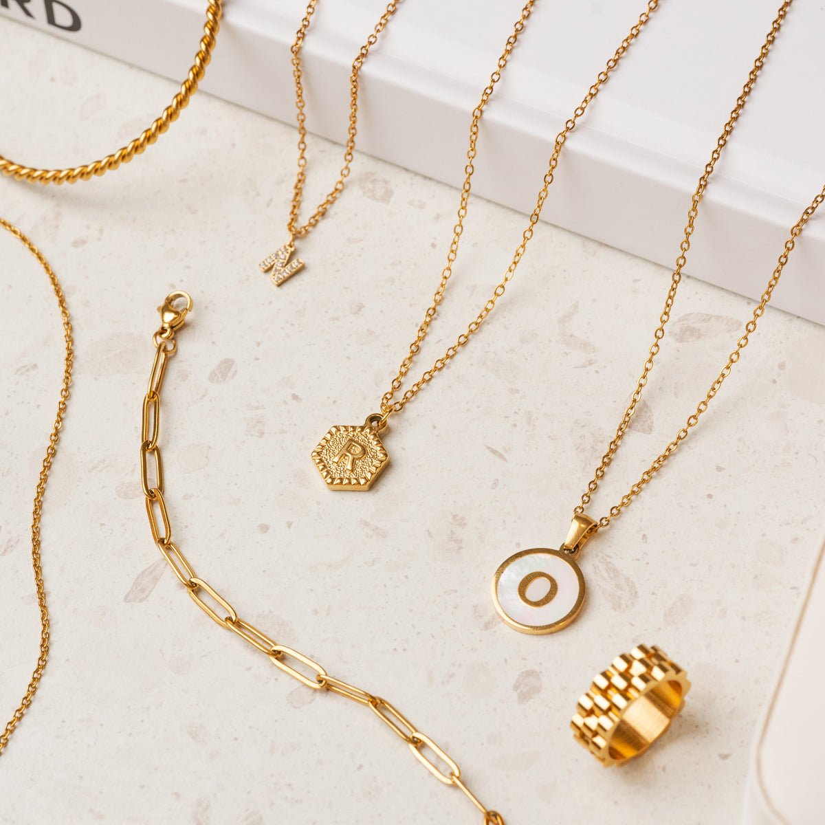 Necklace Letter Initial Marble 18K Gold Plated